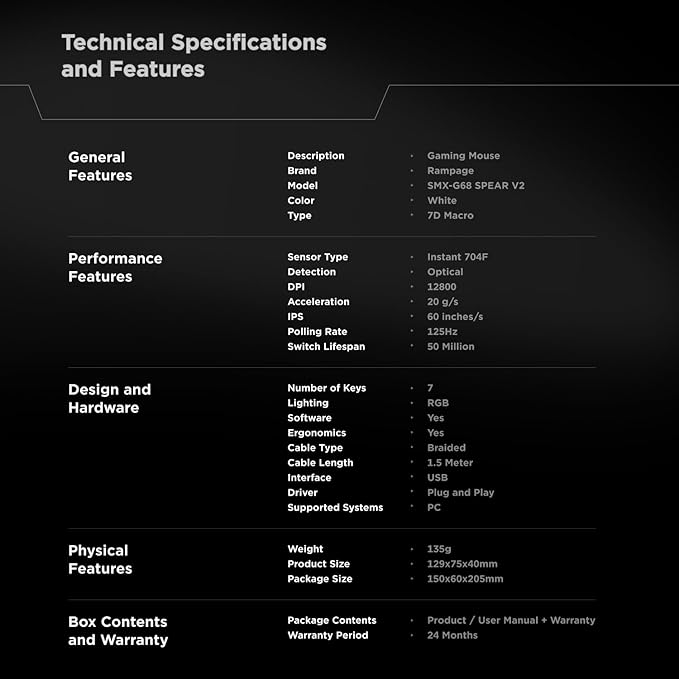 Rampage Spear V2 White Wired Gaming Mouse with RGB Lighting – 12800 DPI, 7 Programmable Buttons, Lightweight Ergonomic Gaming Mouse for PC/Mac/Laptop Gamers