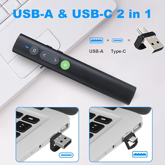 Rechargeable Presentation Clicker for PowerPoint Green Light Pointer, USB-A/USB-C Wireless Presenter Remote, Google Slide Advancer Smart Board Slideshow PPT Clicker for Mac/Laptop/Computer/Office