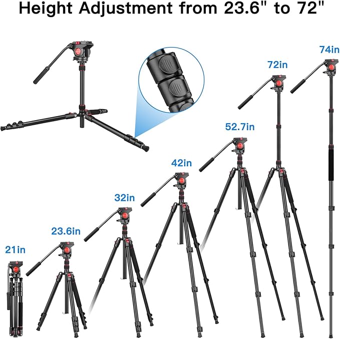 Victiv Camera Tripod, 72" Video Tripod with Fluid Head, Aluminum Heavy Duty Tripod with Carry Bag, Professional Camera Tripods & Monopods, Compatible with Canon, Sony, DSLR, Camcorder