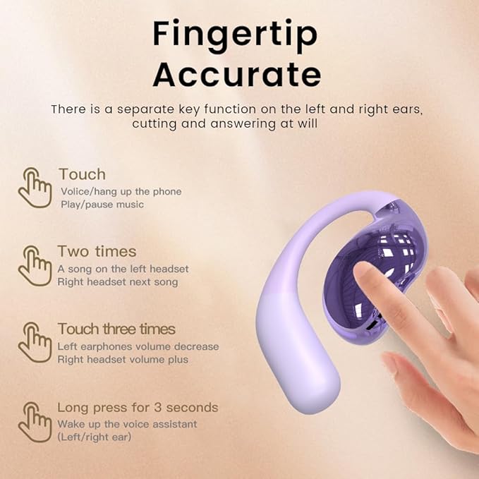 Open Ear Earbuds Ultra Comfort Wireless Bluetooth 5.4 Headphones Over The Ear Earbuds with Intelligent Touch Screen EarHooks IPX7 Waterproof Bone Conduction Earphones for Fitness Sports-Purple