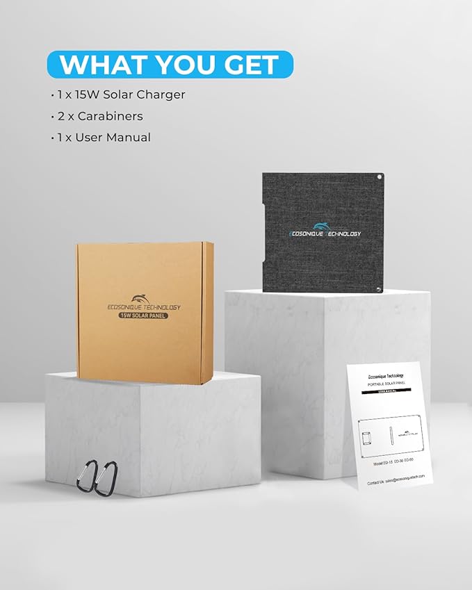 Ecosonique 15W Small Solar Charger Panels with USB C USB A Fast Charging Foldable Emergency Power Panels for Camping Backpacking Compatible with Cell Phone, iPhone, Samsung Galaxy, Google Pixel, LG