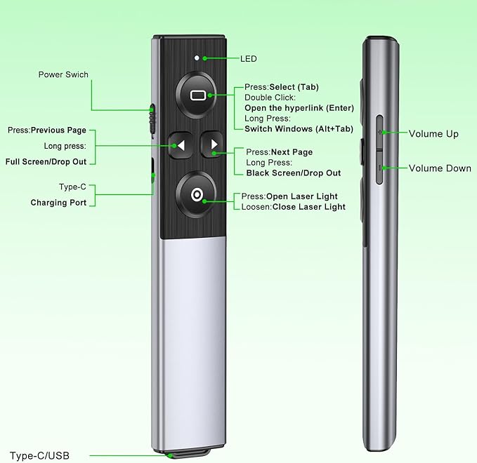 Presentation Clicker Wireless Presenter Remote for PowerPoint,USB Type C Wireless Presentation Clicker with Green Light for Mac, Computer, Laptop