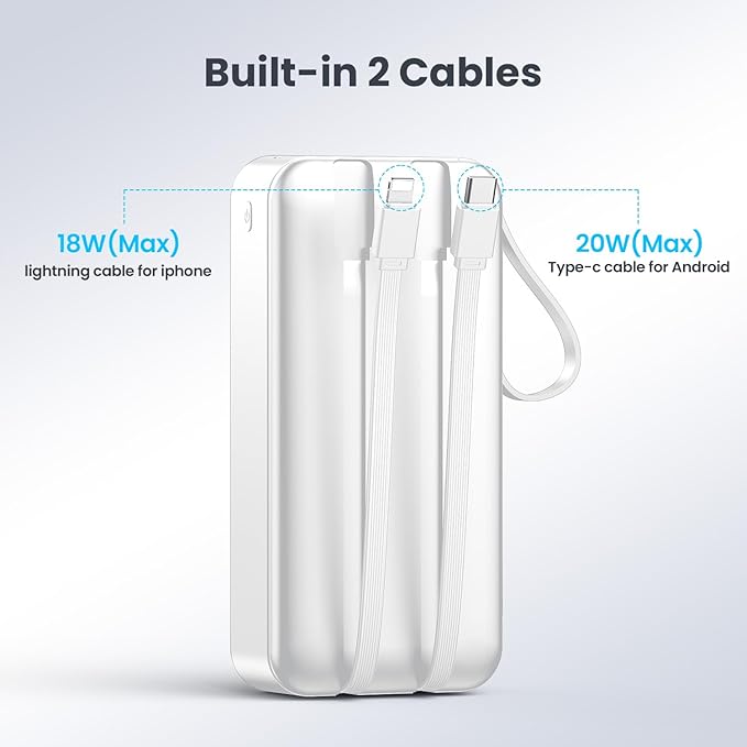 Portable Charger 50000mAh Power Bank with 2 Built-in Cable,22.5W Fast Charging External Battery Pack,LED Display USB-C Portable Cell Phone Charger for iPhone 16/15/14/13 Pro,Android,Samsung Galaxy,Etc