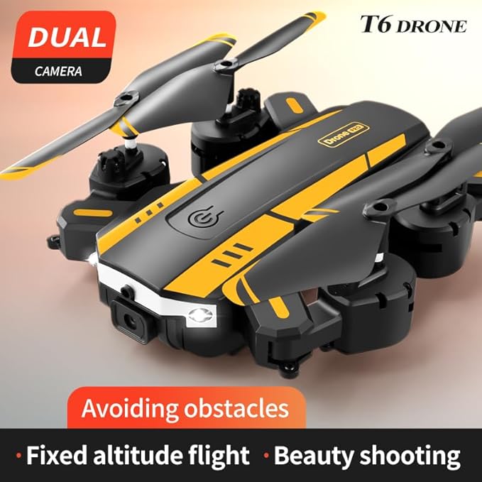 T6 Drone with Dual Camera, Intelligent Obstacle Avoidance, Fixed Height & Hover Hold, Gesture Shooting,App Controlled Toy Drone for Beginners(Yellow)