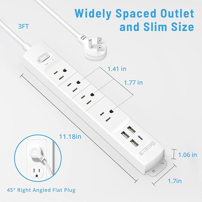 TROND Surge Protector Power Strip with USB, Ultra Thin Flat Plug 3ft Extension Cord 1625W, 3 USB A & 1 Type C, 4 AC Outlets 1440J Surge Protection ETL Listed, Wall Mount for Home Office Dorm, White