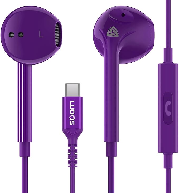 LUDOS Zenith USB C Headphones for iPhone 17 16 15 Pro Max Plus Air iPad Pro Air, 2 Years Warranty, USB-C Earbuds for Samsung Galaxy S24 S23 Ultra S22 S21 S20 A55 A54, USB Type C Earphones - Purple