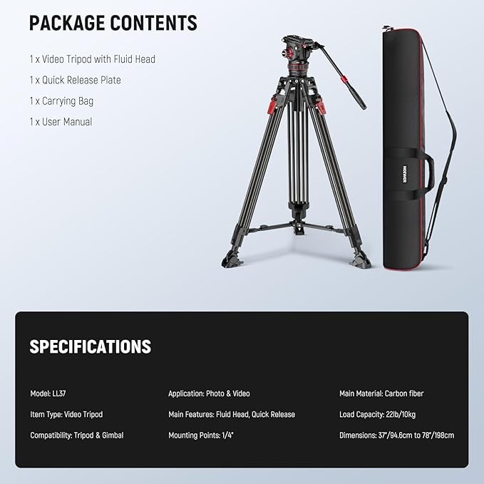 NEEWER 78" Video Camera Tripod Carbon Fiber with Damping Adjustable Fluid Head, One Step Quick Release with QR Plate & Handle, Heavy Duty Tripod Stand for DSLR Cameras Camcorders, Max Load 22lb, LL37