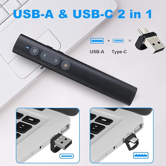USB-A/USB-C Presentation Clicker for PowerPoint Presentations Pointer, Wireless Presenter Remote, Google Slide Advancer Projector Smart Board Slideshow PPT Clicker for Mac/Laptop/Computer/Office