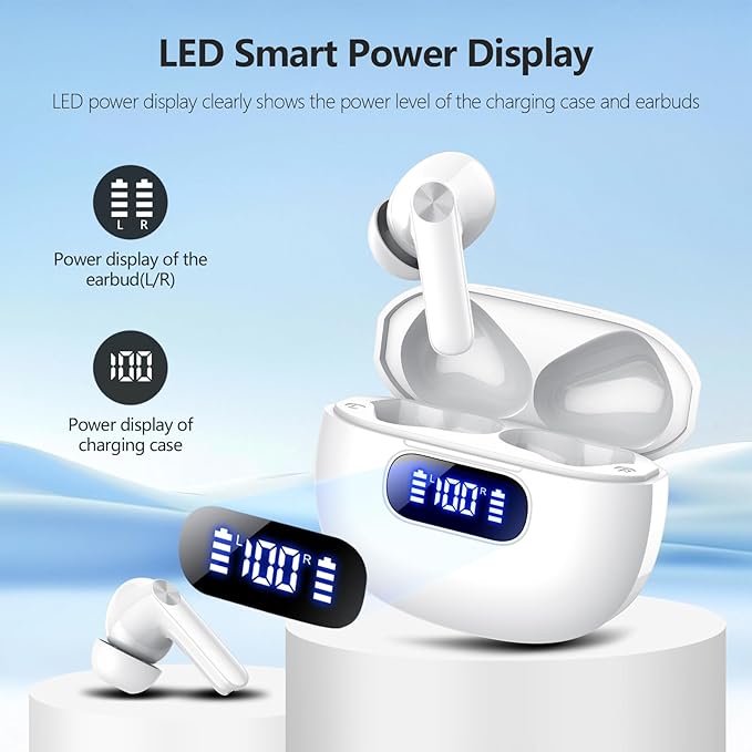 Wireless Earbuds, Bluetooth Earbuds with LED Power Display, Bluetooth 5.3 Headphones with Bass Stereo Sound 48Hours Playtime in Ear Ear Buds ENC Noise Cancelling Mic,IP7 Waterproof for Sports Workout