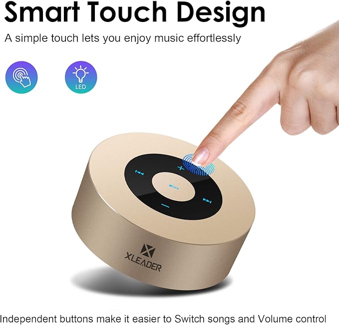 XLEADER Mini Bluetooth Speaker (Travel Case Provided) HD Sound&Rich Bass, Touch Design, 12-15H Playtime, Support Aux Input, Micro SD, Mic, Small, for iPhone Laptop Shower Office, Ideal Gifts, Gold