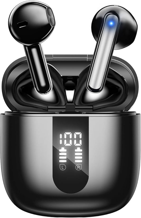 Bluetooth Earbuds Wireless Headphones, 60H Deep Bass Ear Buds with 4 Noise Cancelling Microphone, IP5 Waterproof Earphones for iPhone Android Sports audifonos Bluetooth inalambricos (Black)