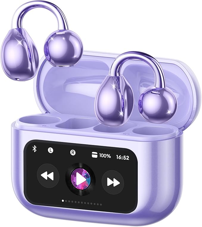 Clip On Earbuds, Open Ear Earbuds Wireless Bluetooth 5.4, Clip On Headphones with LCD Touchscreen, Lightweight Comfort Open Ear Headphones for Sports, Fitness, and Workouts, M100 Purple