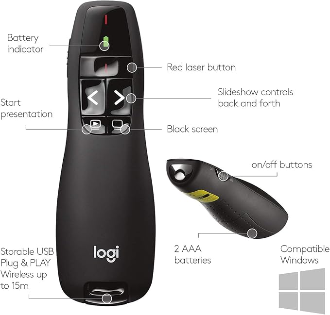 Logitech Wireless Presenter R400, PowerPoint Clicker with Laser Pointer, Wireless Presentation Clicker Remote