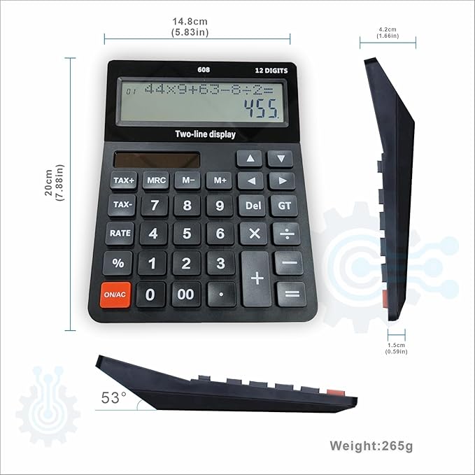 Battery and Solar Unique 120-Step Calculation Check Memory 12 Digit 2 Line Extra Large Calculator Big Buttons and 5.5" LCD Display, Configurable Tax Rate Financial Calculator for Tax Calculations