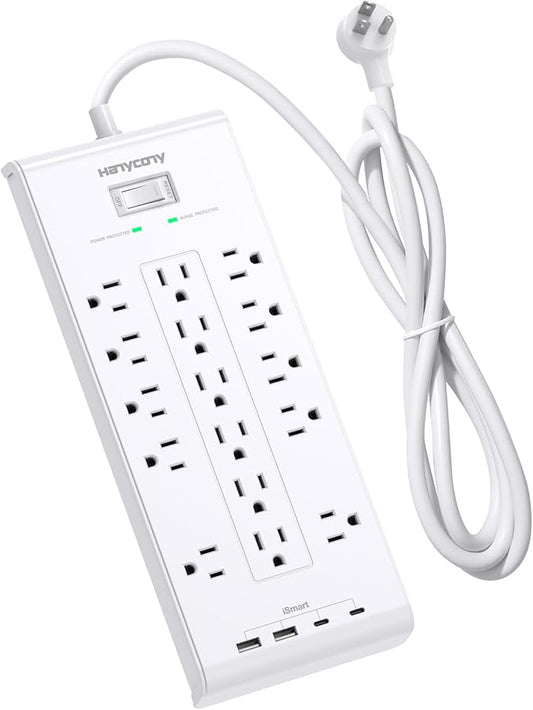 16 Outlets Surge Protector Power Strip, HANYCONY 5 Ft Flat Plug Heavy Duty Extension Cord with 16 Outlets 4 USB Ports(2 USB C), 2700 Joules, Wall Mount for Home Office, ETL Listed, White