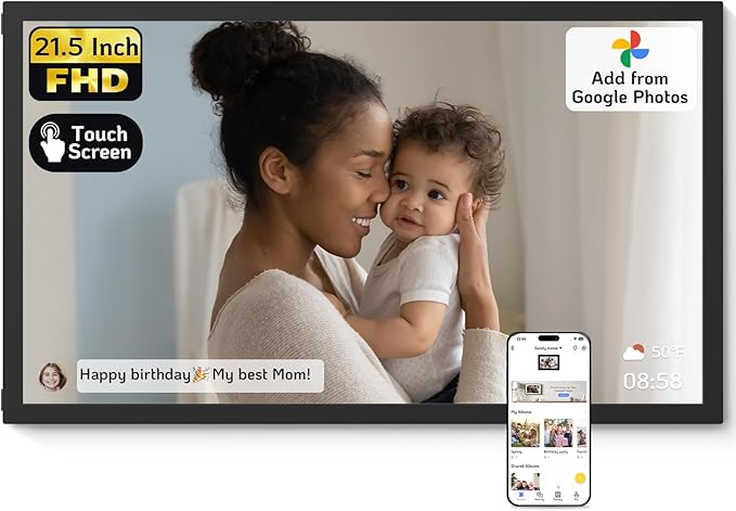 NexFoto 21.5 Inch Touchscreen Large Digital Picture Frame 64GB, FHD WiFi Digital Photo Frame, Add Photos from Google Photos, Share Videos via App/USB/Micro SD, for Birthday/Housewarming, Black
