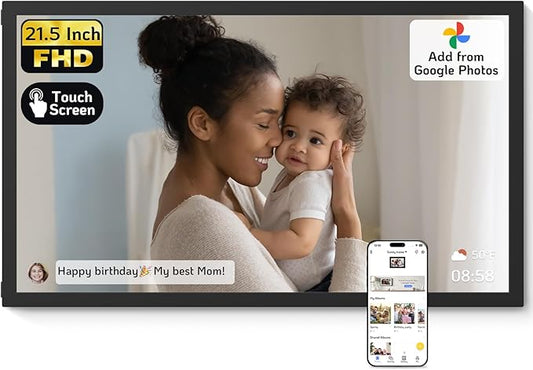 NexFoto 21.5 Inch Touchscreen Large Digital Picture Frame 64GB, FHD WiFi Digital Photo Frame, Add Photos from Google Photos, Share Videos via App/USB/Micro SD, for Birthday/Housewarming, Black