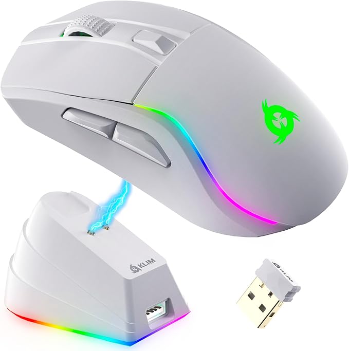 KLIM Blaze Y RGB Rechargeable Wireless Gaming Mouse with Charging Dock - High-Precision Sensor and Long-Lasting Battery - Up to 6000 DPI - PC Gaming Mouse - Wired and Wireless Mouse for PC - White