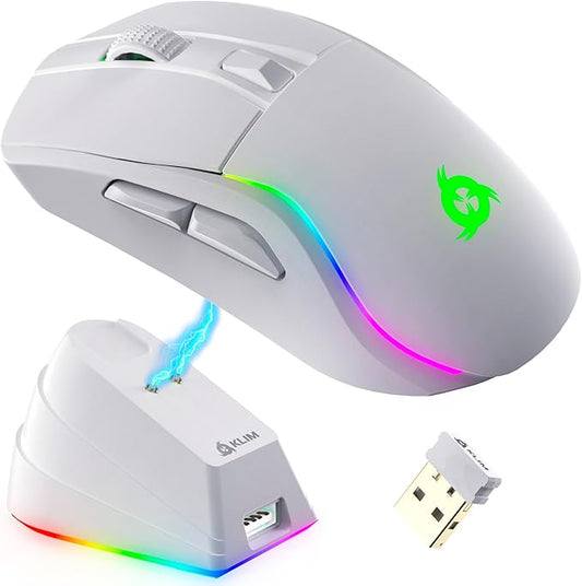KLIM Blaze Y RGB Rechargeable Wireless Gaming Mouse with Charging Dock - High-Precision Sensor and Long-Lasting Battery - Up to 6000 DPI - PC Gaming Mouse - Wired and Wireless Mouse for PC - White