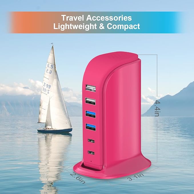 USB Charging Station Multiports Upoy, Charging Hub 6 Ports Dual Type-C, USB Tower Fast Charging for Tablets, Cellphones, Smart Watch, and More Electronic Gadgets, Portable Design, Travel Essentials
