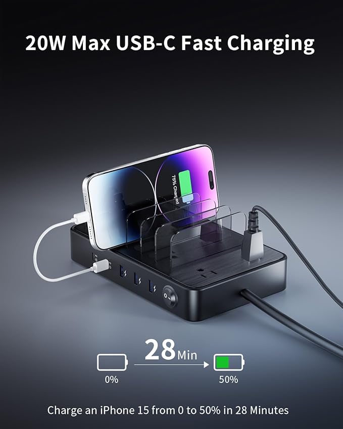 85W Charging Station for Multiple Devices, 7-in-1 Power Strip with 2 AC, 2 USB C, 3 USB A, USB C Charging Hub for MacBook, iPhone, Android & More, USB Desk Charger, Black