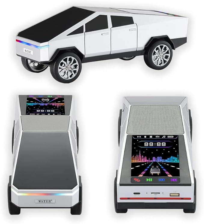 WS-580 Bluetooth Pickup Truck Replica Portable Speaker,with Display Screen,HD Sound, TWS Pairing, FM Radio,Built-in Microphone Hands-Free Calling, LED Party Light,Surprise Gift for Car Lovers(Silver)