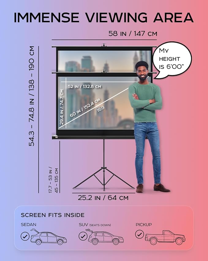 Projector Screen with Stand 60 inch - Indoor and Outdoor Projection Screen for Movie or Office Presentation - 16:9 HD Premium Wrinkle-Free Tripod Screen for Projector with Carry Bag and Tight Straps