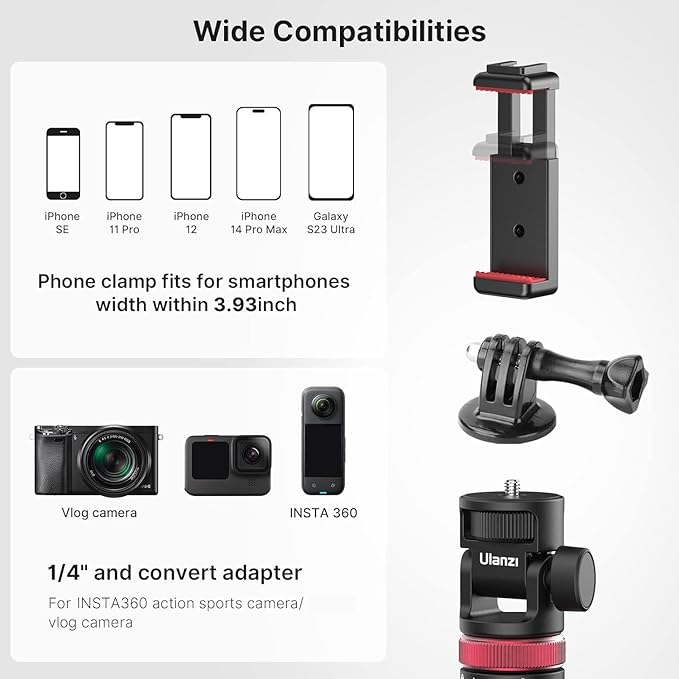 ULANZI MT-71 57.48 inch Extendable Selfie Stick, Phone Tripod for Go P-r-o w Smartphone Clamp Extension Pole, Compatible with DJI OSMO 360/OSMO Pocket 3/Insta 360 x 5/Sony/Canon/Nikon/Fuji Cameras