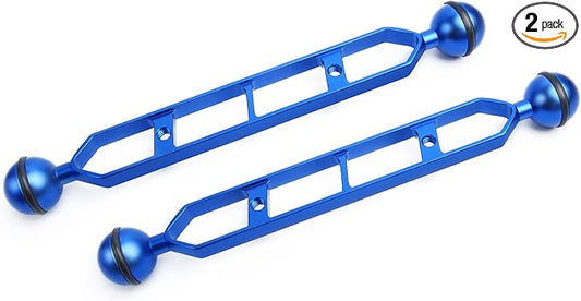 Blue 9" Underwater Aluminum Alloy Extension Arm (2-Pack) - Dual Ball System with 1" Head Connector, Waterproof & Rustproof for Diving Camera Tray/Strobe/Video Light, Scuba Photography Gear