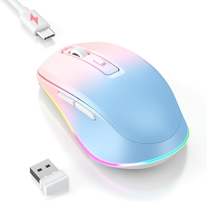 Wireless Mouse Jiggler - LED Wireless Mice with Build-in Mouse Mover, Rechargeable Moving Mouse for Laptop with Undetectable Random Movement Keeps Computers Awake - Blue to Pink