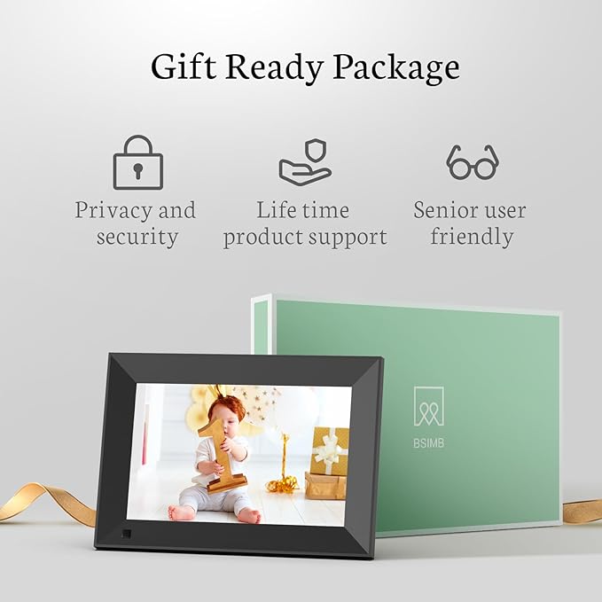 BSIMB 8 Inch Digital Picture Frame, Photo Frame Electronic WiFi Digital Frame1280x800 HD Touch Screen 16GB, Share Pictures/Videos via App/USB/SD Easy Setup Gifts for Mom, Auto-Rotate, Solid Black