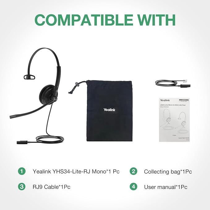 Yealink Phone Headsets for Office Phones YHS34 Lite QD to RJ9 Wired Headset Compatible with Poly Snom Grandstream Phones Desk Landline Headset with Microphone -Mono/72g/2.1m Cable
