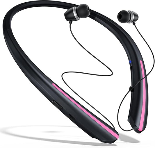 Bluetooth Retractable Headphones Wireless Neckband Headset with Sweatproof Stereo Earbuds for Running/Sports/Driving/Workouts (Black Pink)
