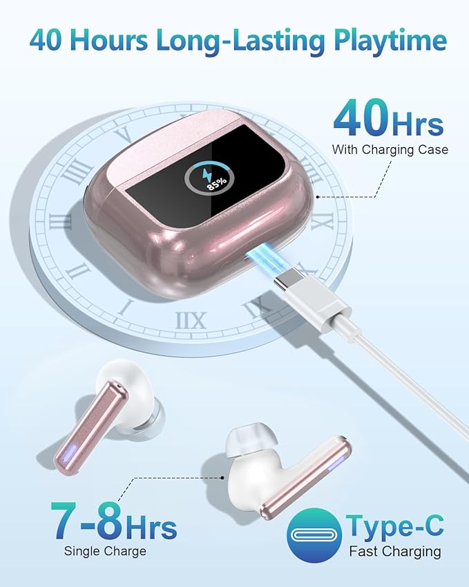 Wireless Earbuds Bluetooth 5.3 Headphones, Touch Control with ANC/ENC Noise Cancelling, 40H Playtime, IPX7 Waterproof, 14.2mm Deep Bass, 5 EQ Modes Compatible for iOS & Android (Pink)