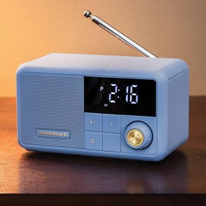 Crosley CR1121A-EB Cooper Retro AM/FM Radio, Portable Bluetooth Speaker with Aux Input and LED Display, Elemental Blue