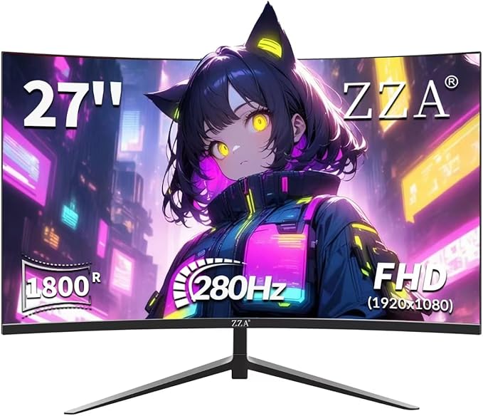 ZZA Curved Monitor,27 inch 280Hz Gaming Monitor,Full HD 1080P Computer Monitor,Eye-Care Display with HDMI,DP,FreeSync,Wall Mountable for Office and Home