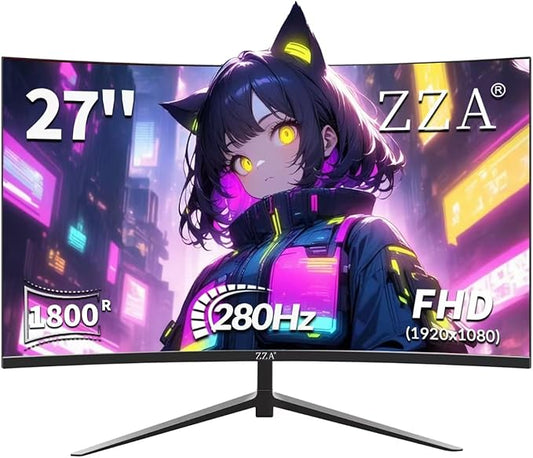 ZZA Curved Monitor,27 inch 280Hz Gaming Monitor,Full HD 1080P Computer Monitor,Eye-Care Display with HDMI,DP,FreeSync,Wall Mountable for Office and Home