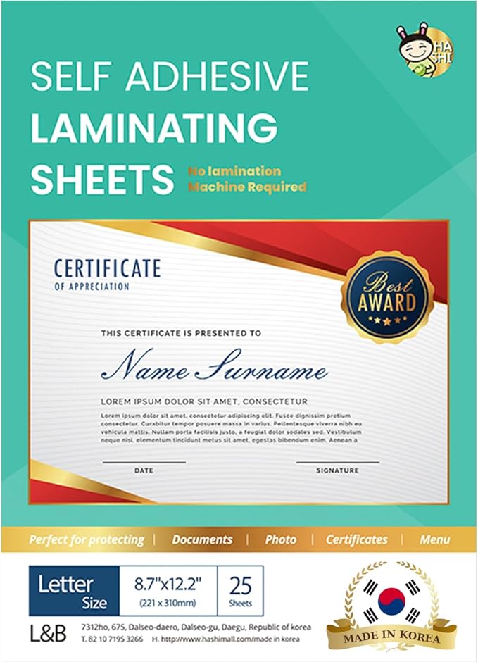 No Heat Laminating Sheets Self Sealing 8.5 x 11 Inch, 25 Pack, 4mil Thickness, Transparent, No Machine Self Adhesive Laminating Sheets, Protect documents and Photos [Letter Size] by HA SHI