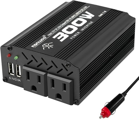 300W Black 300W/600W DC12V to AC110V Modified Sine Wave Car Inverter with 2 AC Sockets & 2 USB Ports for Camping & Vehicles