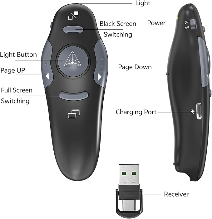 Presentation Clicker with Case Storage: PowerPoint Wireless Presenter Remote USB Type C Rechargeable Red Laser Pointer Clickers for Computer Project Mac PPT Slideshow Google Slide Advancer