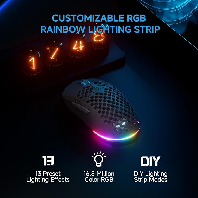 TMKB Falcon M1 Wireless Gaming Mouse, 24000DPI Optical Sensor, 180Hrs Battery, Lightweight, 6 Programmable Buttons, RGB Strip, 2.4G/BT5.2/USB-C Wired for PC/Mac/Laptop - Matte Black