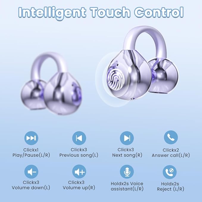 Clip on Earbuds Open Ear Wireless Bluetooth 5.4 Headphones with Mic,60H Play,Noise Cancelling,Waterproof,Sports Ear Buds,Comfortable for Small Ears & Glasses Wearers,Workouts (Purple)