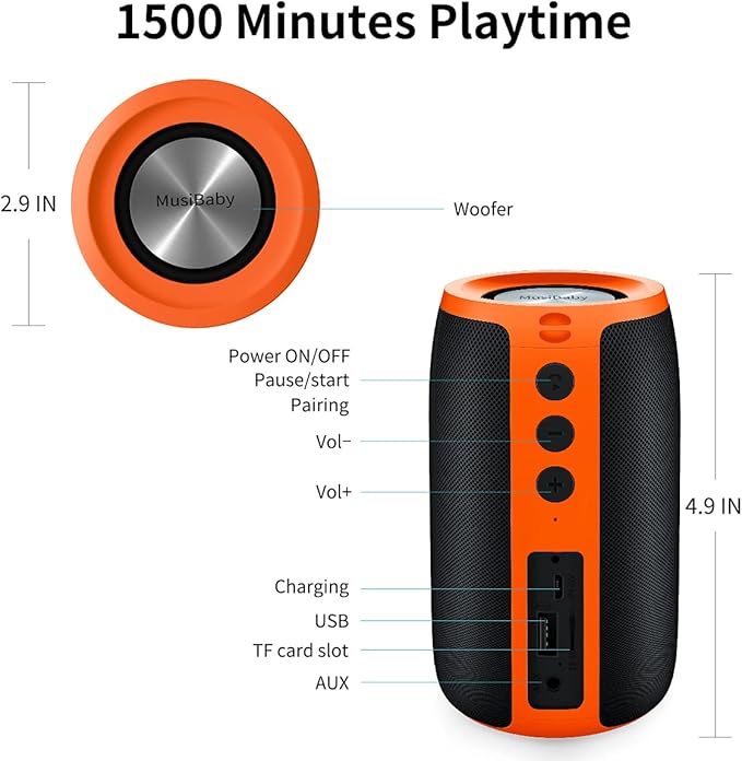 Bluetooth Speaker,MusiBaby Speakers Bluetooth Wireless,Waterproof,Outdoor,Portable Speaker with Stereo Sound,Booming Bass,Dual Pairing,Bluetooth 5.3,24H Play,Speaker for Home,Party,Travel,Gifts-Orange