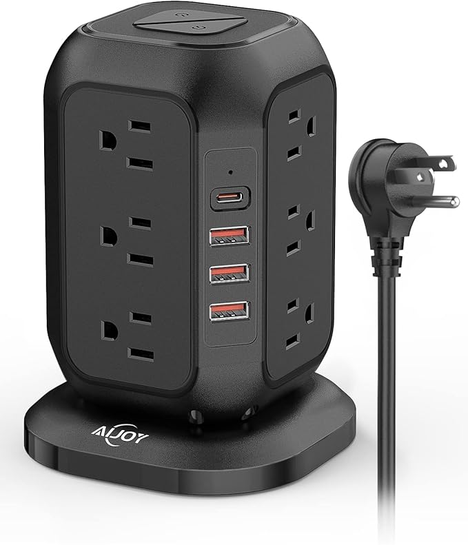 AiJoy Power Strip Tower Surge Protector with 12 AC Outlets, 3 USB-A & 1 USB-C Ports, 10 FT Extension Cord, Charging Station with Overload Protection, for Home Office Dorm Living Room