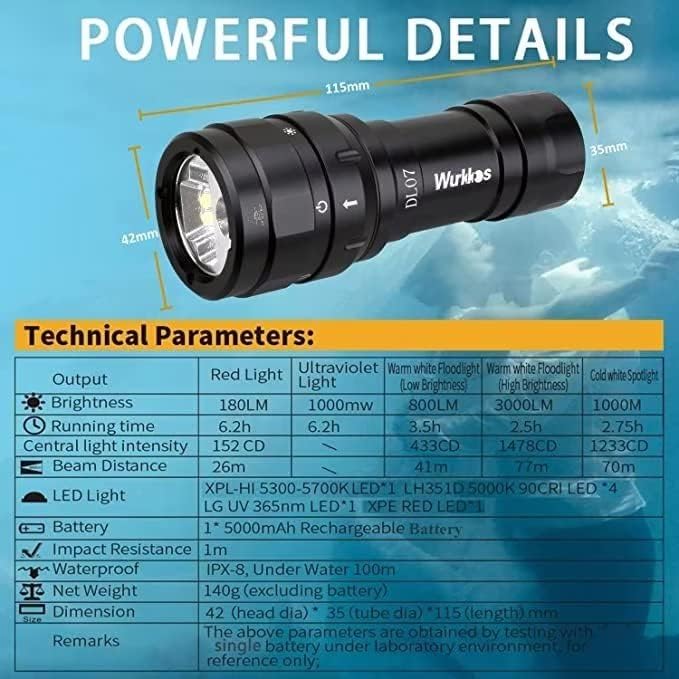 Wurkkos DL07 Dive Light 3000LM,100M Dive Flashlight 90CRI Scuba Dive Light Rechargeable Diving Light Underwater Video Light with Ball Joint Rotary Switch Submarine Light