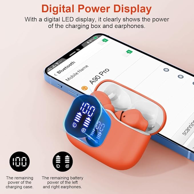 Wireless Earbuds, Bluetooth 5.4 Headphones Bass Stereo, Ear Buds with Noise Cancelling Mic LED Display, IP7 Waterproof in Ear Earphones, 36H Playtime for Laptop Pad Phones Sports Workout, Orange(2025)