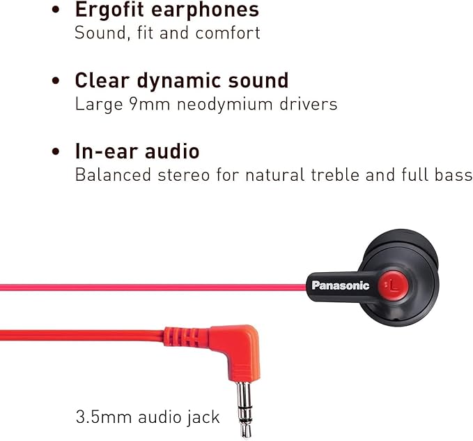 Panasonic ErgoFit Wired Earbuds, in-Ear Headphones with Dynamic Crystal-Clear Sound and Ergonomic Custom-Fit Earpieces (S/M/L),3.5mm Jack for Phones and Laptops, No Mic-RP-HJE120-KB (Matte Black/Red)
