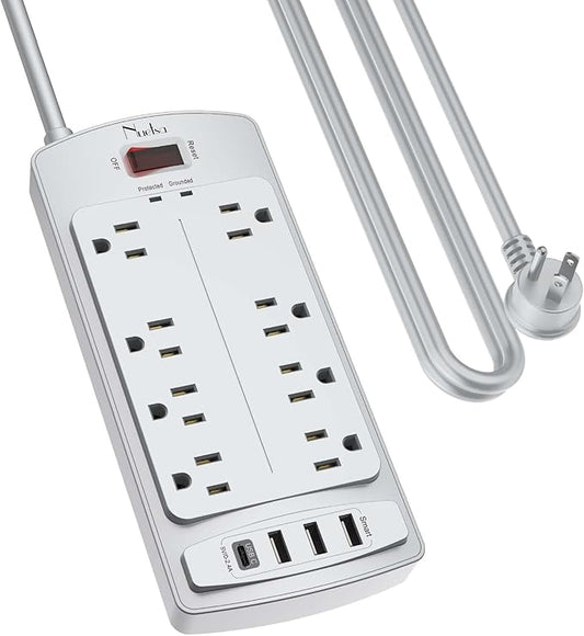 Surge Protector Power Strip - Nuetsa Flat Plug Extension Cord with 8 Outlets and 4 USB Ports, 10 Feet Power Cord (1625W/13A), 2700 Joules, ETL Listed, Grey