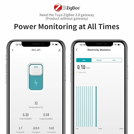 Zigbee 3.0 Smart Switch| 1‑63A Adjustable DIN Rail 1P+N| Support Tuya/Smart Life Remote Control| Over-Current Protection| Smart Home Real-time Energy Monitoring| Voice Control| FCC Certified