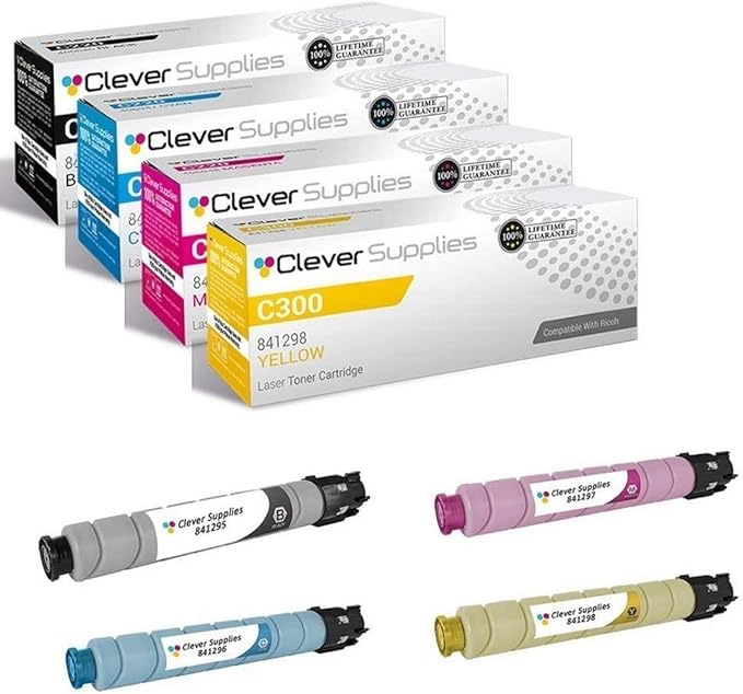 CS Replacement Toner Cartridge Compatible with Ricoh C300 841295 Black 841296 Cyan 841297 Magenta 841298 Yellow Color Laser Aficio MP C300 Aficio MP C300SR Aficio MP C400 Aficio MP C400SR 4 Color Set